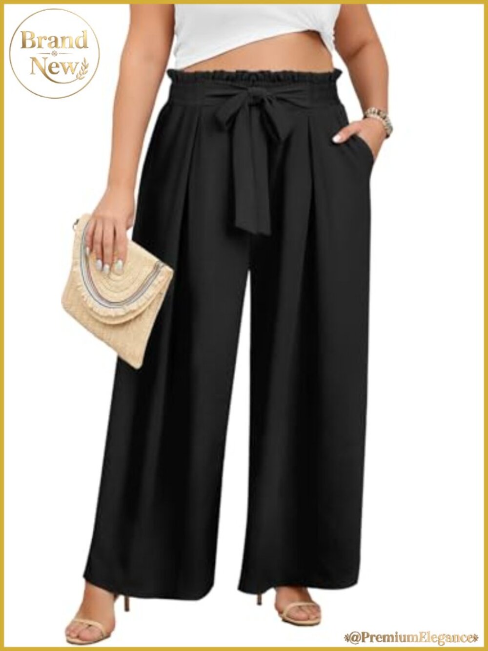 Plus Size Wide Leg Palazzo Work Pants High Waist Trousers with Pockets